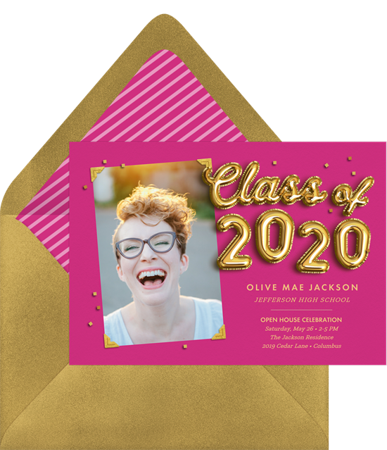 A brightly colored graduation party invitation with gold balloon graphics