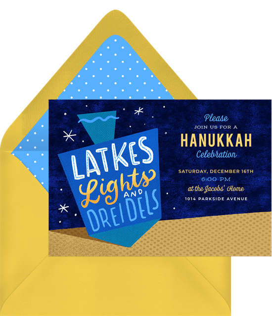 Hanukkah party ideas: A Hanukkah party invitation that reads "Latkes, Lights, and Dreidels"