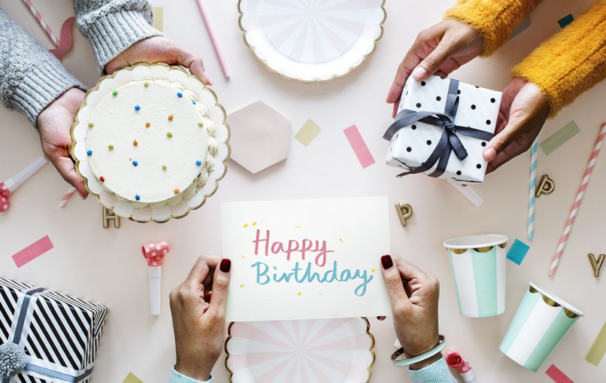 electronic birthday cards: friends holding a birthday card, cake, and a gift