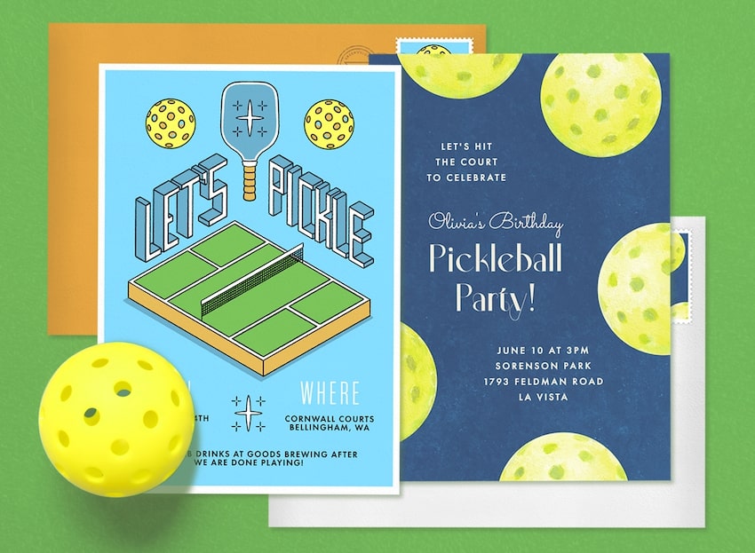 Pickleball party invitation and a pickleball ball