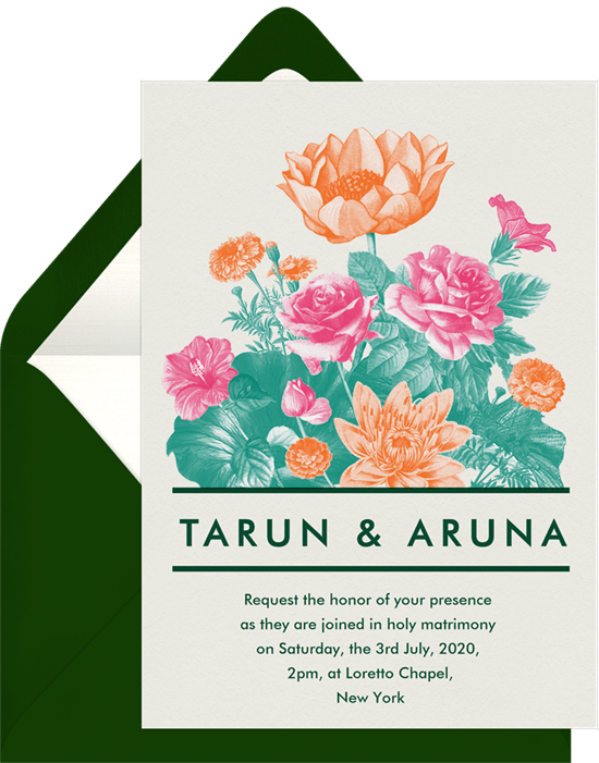 tropical party: orange and pink flowers invitation