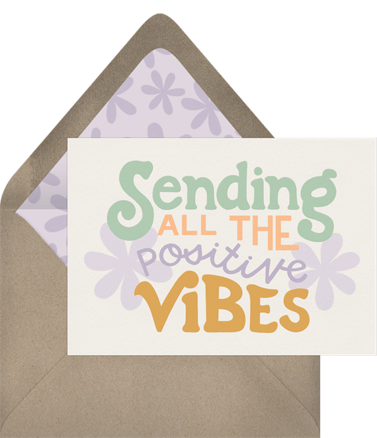 Just Because card featuring groovy florals and mod typography reading "Sending all the positive vibes"