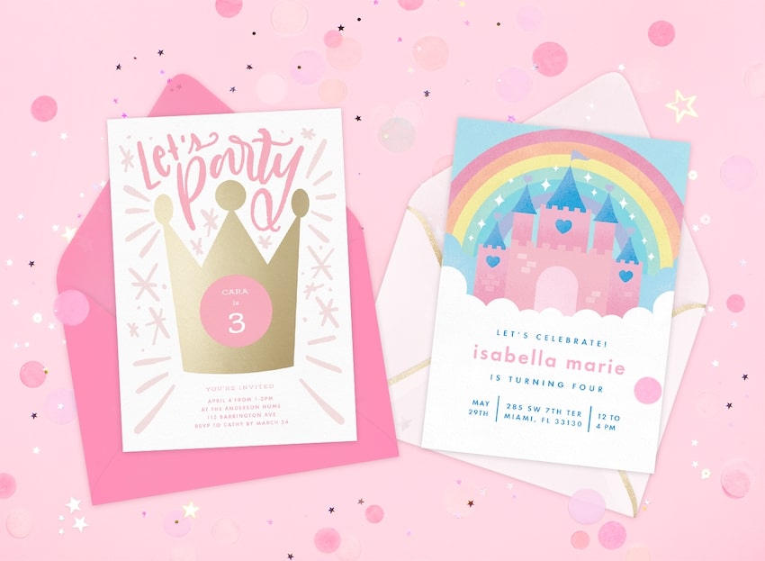 Princess birthday invitations on a pink background
