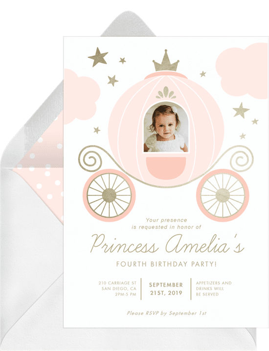 A formal invitation for a princess-themed birthday with a carriage and crown