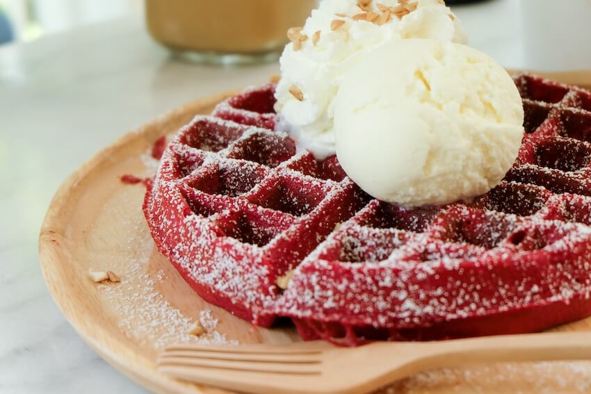 Holiday brunch ideas: red velvet waffles with cream cheese glaze