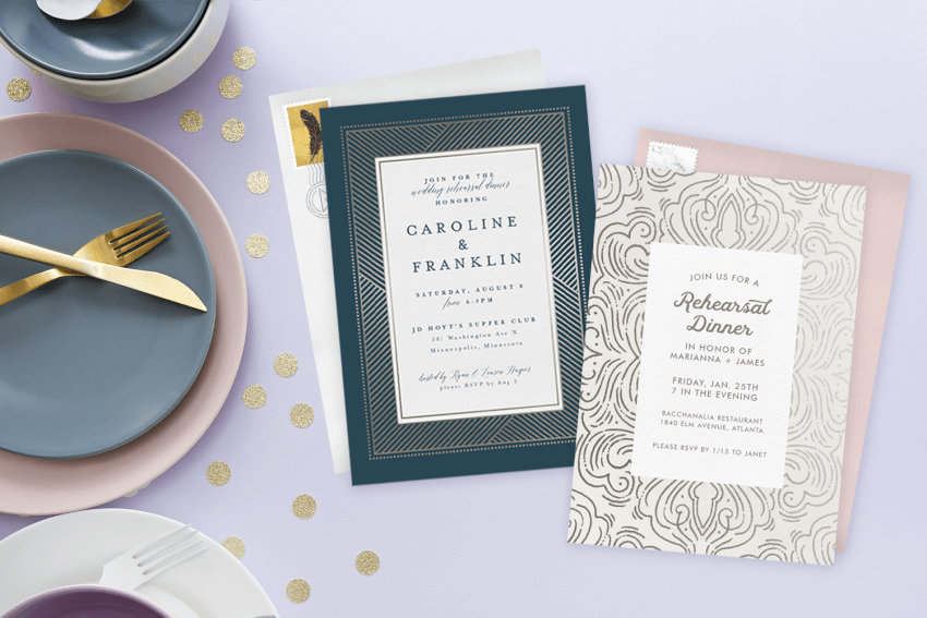 Rehearsal dinner invitations: invitations on a festive party table setting