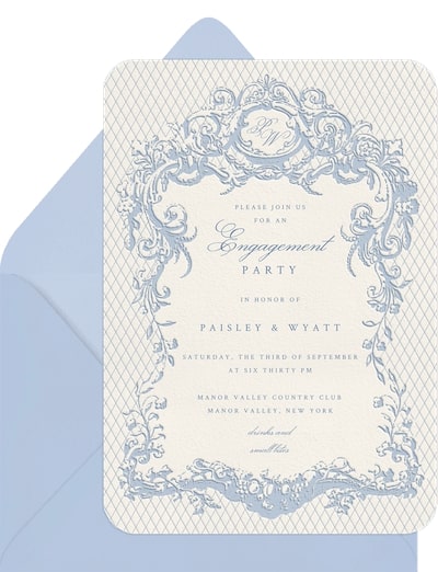 Romantic Ornaments invitation for an elegant brunch engagement party theme