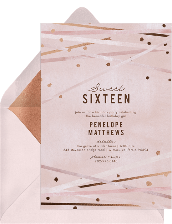 sweet 16th invitation wording: Rose Gold Confetti Invitation from Greenvelope