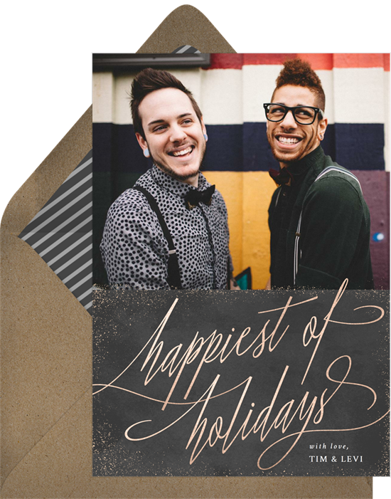 Digital holiday cards with a photo and elaborate cursive font on a chalk background