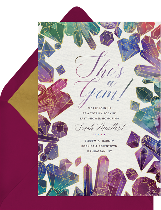 Baby shower invitations: an invitation covered in watercolor gemstones for an outdoor shower