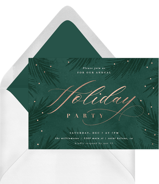 A green and gold Christmas party invitation with soft foliage
