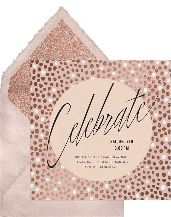 A Christmas party invitation with rose gold accents