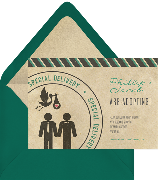 Online baby shower invitations with a silhouette of two same-sex parents and a stork