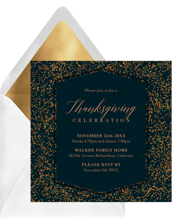A Thanksgiving invitation with a glittery bokeh border