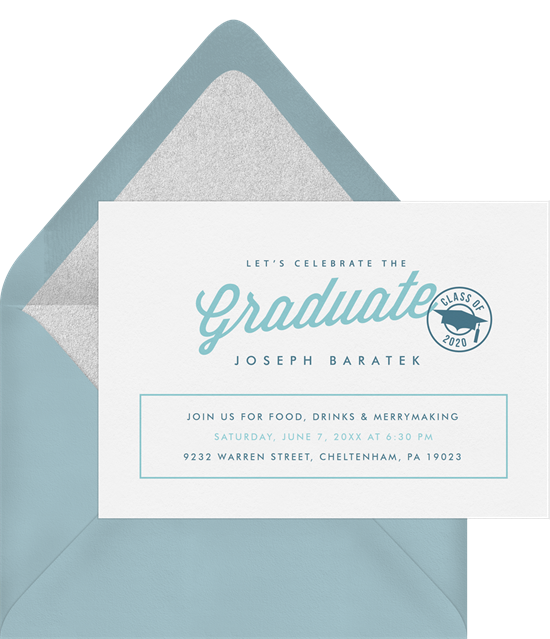 Online graduation invitations with a "class off" stamp and graduation hat