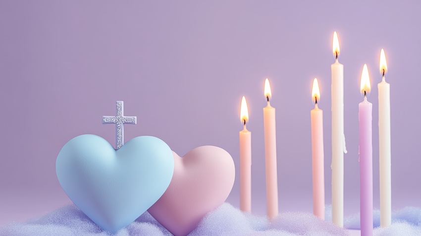 Spiritual happy birthday blessings: two hearts, a cross, and lit candles on a purple background