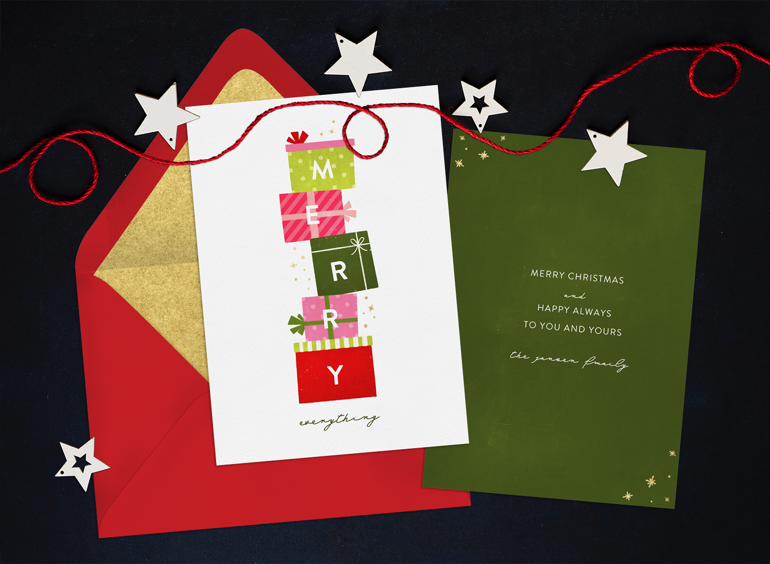 Christmas card ideas: A two sided card with garland of string and stars