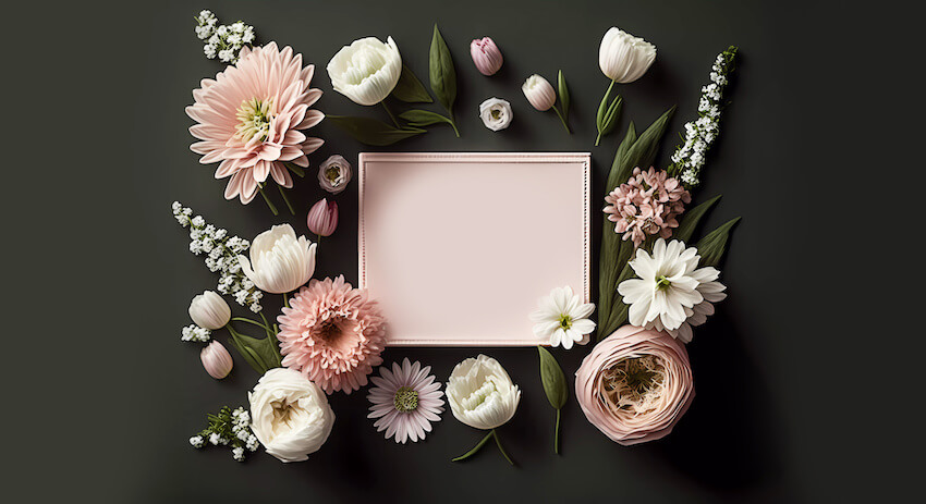 Condolence message to a friend: varieties of flowers and a pink frame