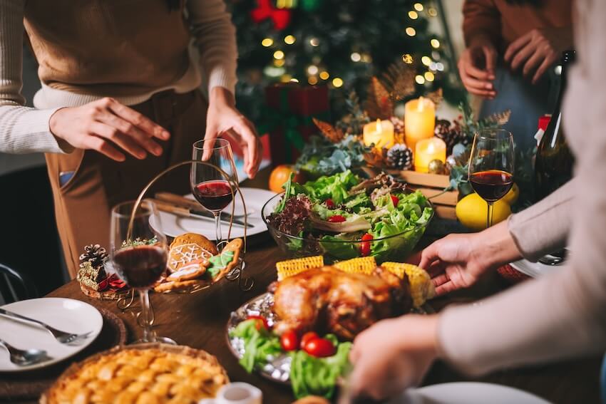 Friendsmas invitation: various food on a table