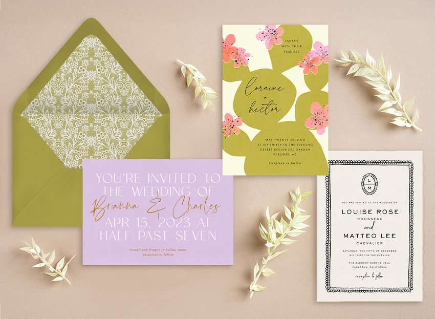 2025 wedding invitation trends: various wedding cards and some plants