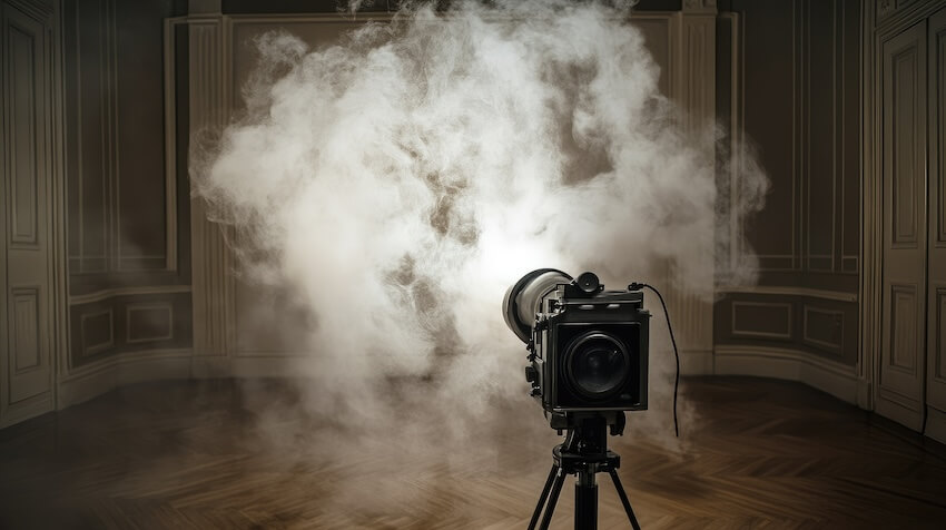 Vintage camera and a thick white smoke in a room