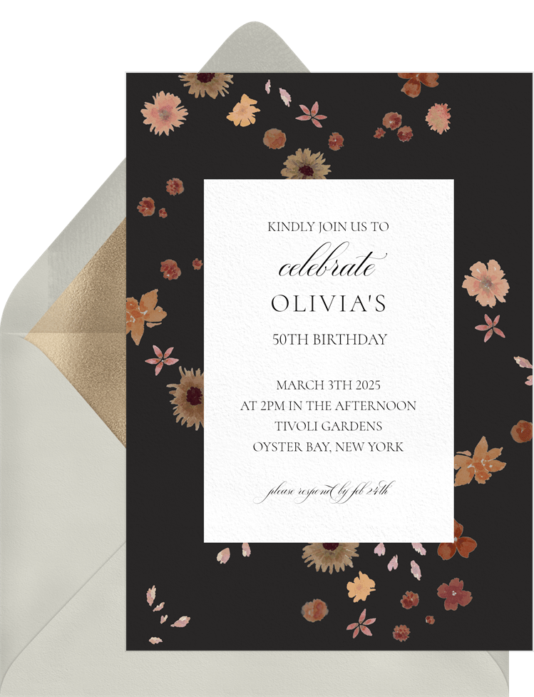 Dainty Watercolor Flowers Invitation in Black